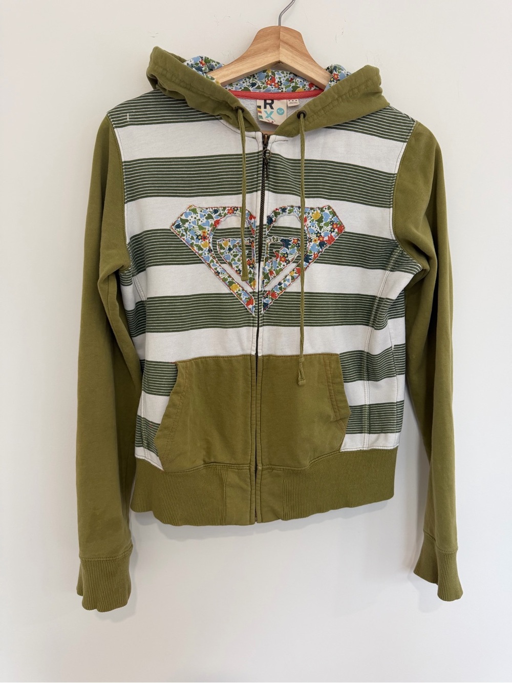 Y2K Roxy Olive Green and White Striped Zip Hoodie with Floral hood size M